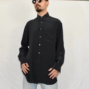 Vintage Kikit Maurice Sasson Black Silk Long Sleeve Button Up Collared Shirt L